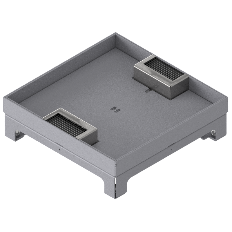 [UBD 264 254] Boîte de sol UBD 260 en acier inoxydable, inclus couvercle avec bord, fermé, évidement de 25mm et 2 sorties de brosse