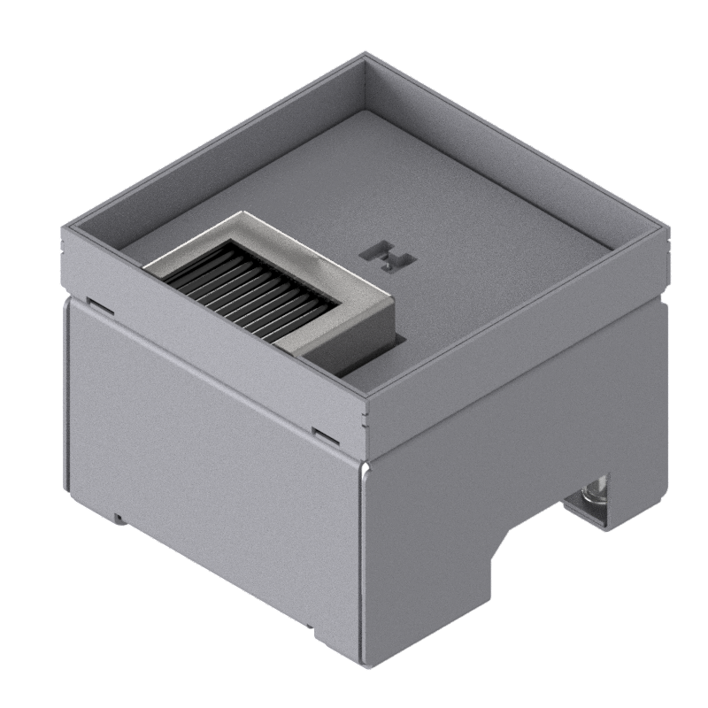 [UBD 132 162] Boîte de sol pour charges lourdes UBD 130 en acier inoxydable, couvercle avec bord, fermé, et plaque de renforcement de 4 mm avec évidement de 16 mm et 1 sortie de brosse inclus