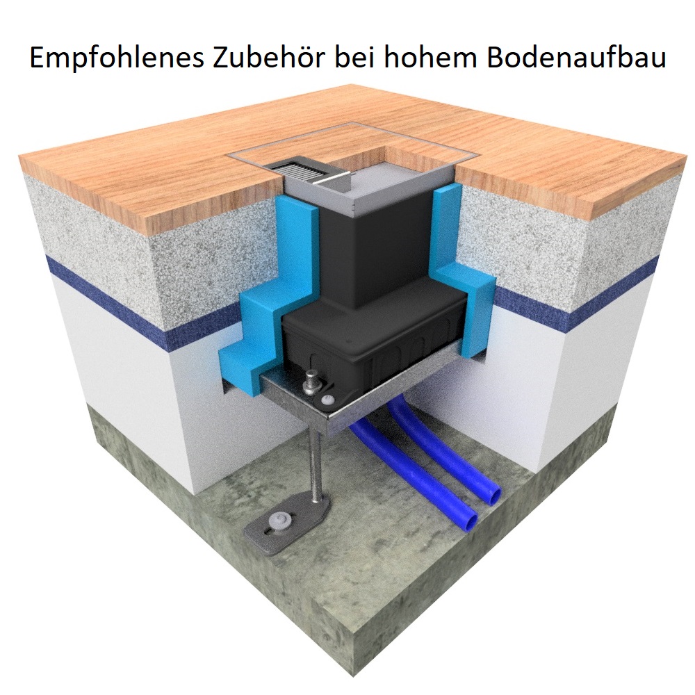 Unterflur-Bodendose UBD 210 aus Chromstahl inkl. Deckel mit Kante, 15mm Vertiefung und 1 Bürstenauslass