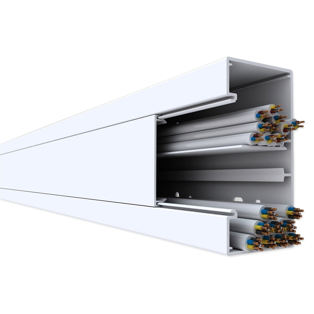 Brüstungskanal BR 60x130/80, Kunststoff PVC reinweiss RAL 9010 BR-SET, Unter- und Oberteil, mit Bodenlochung und DIN-Montageschiene