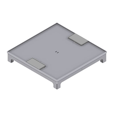 [UBD 322 317] Boîte de sol UBD 320 en acier inoxydable, couvercle, plate (AGS), sans bord, évidement de 5mm et 2 sorties de cordon inclus