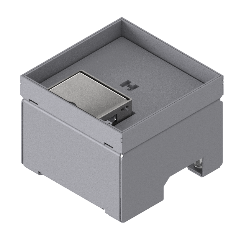 [UBD 132 161] Boîte de sol pour charges lourdes UBD 130 en acier inoxydable, couvercle avec bord, fermé, et plaque de renforcement de 4 mm avec évidement de 16 mm et 1 sortie de cordon inclus