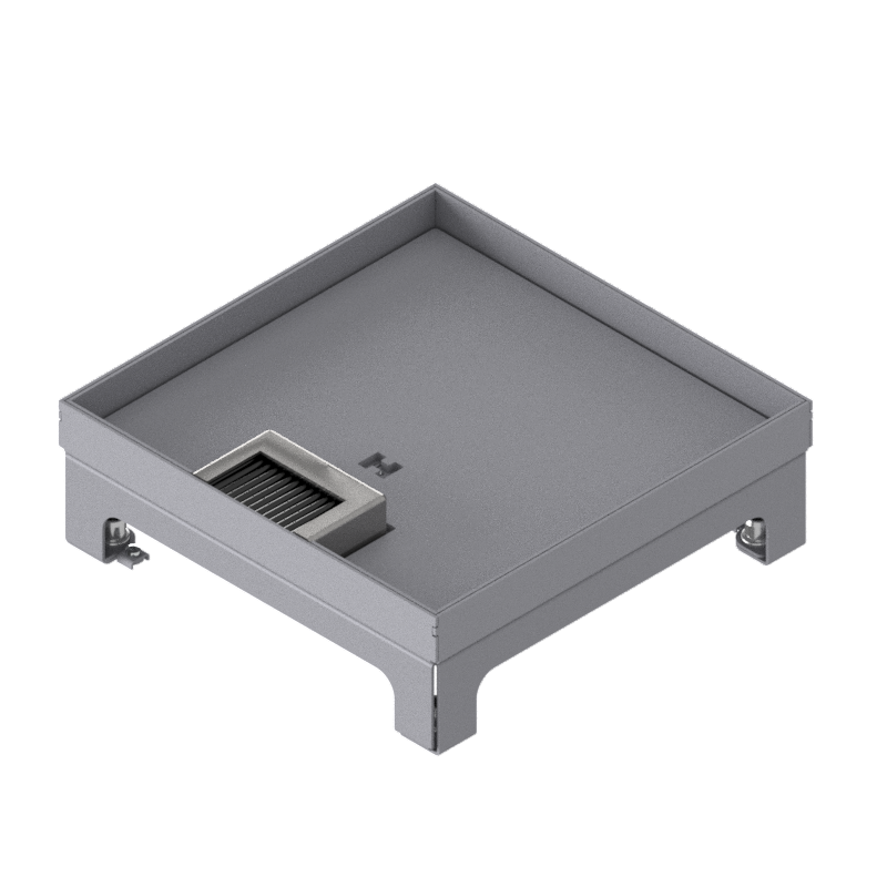 [UBD 217 162] Boîte de sol pour charges lourdes UBD 210 small en acier inoxydable, couvercle avec bord, fermé, plaque de renforcement de 4 mm avec évidement de 16 mm et 1 sortie de brosse inclus