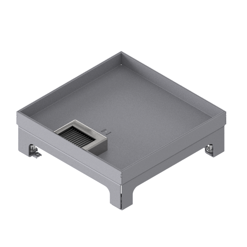 Boîte de sol UBD 210 small en acier inoxydable, couvercle avec bord, fermé, évidement de 20mm et 1 sortie de brosse inclus
