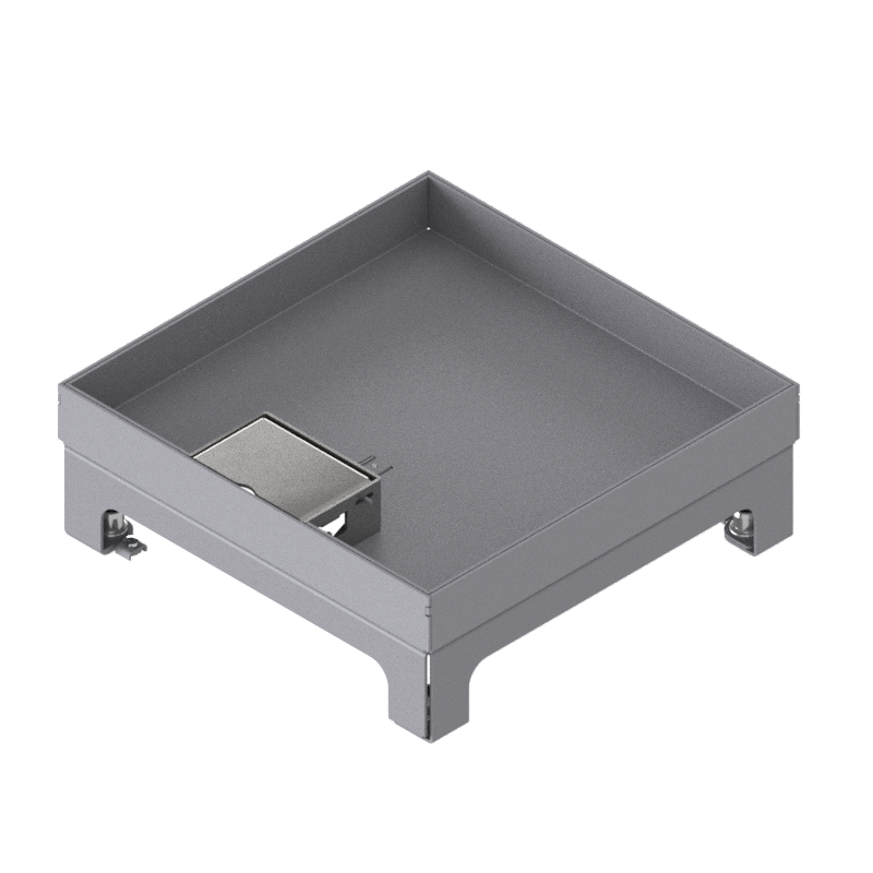 Boîte de sol UBD 210 small en acier inoxydable, couvercle avec bord, fermé, évidement de 25mm et 1 sortie de cordon inclus