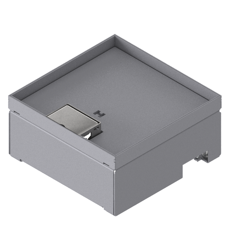 Schwerlast-Unterflur-Bodendose UBD 210 aus Chromstahl inkl. Deckel mit Kante, geschlossen, 4mm Verstärkungsplatte, 16mm Vertiefung und 1 Schnurauslass