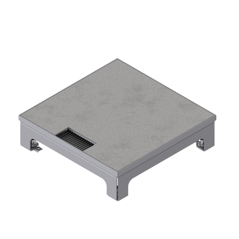 Boîte de sol pour charges lourdes UBD 210 small en acier inoxydable, couvercle et plaque de renforcement de 4 mm et 1 sortie de brosse inclus